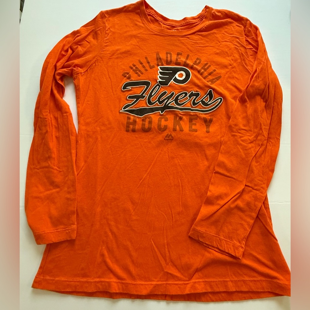 Flyers Majestic Women’s L Orange Philadelphia Flyers Hockey Long Sleeve Tee Logo